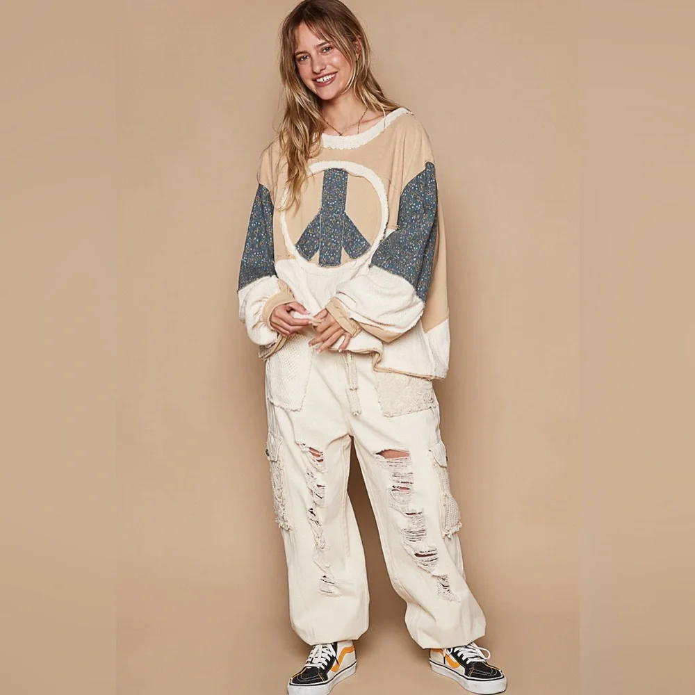 #179 New! Pol Oversized Patch Work Peace Application Pullover - Picture 5 of 5